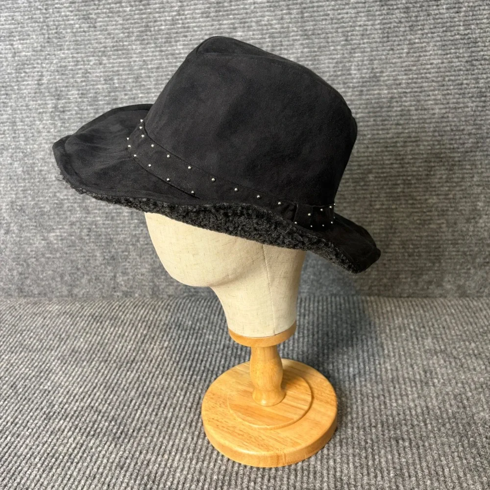 Scala Pronto Black Faux Suede Western Cowboy Hat Sherpa Trim Studded Band OS